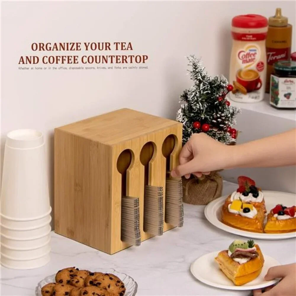 Bamboo utensil dispenser cutlery holder organizer for forks spoons knives party